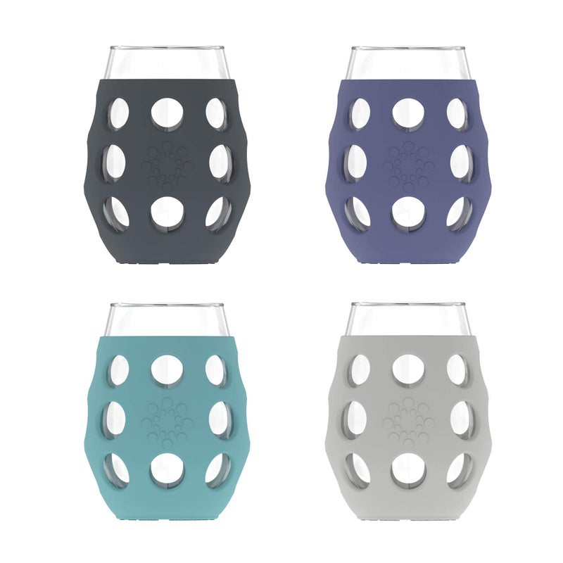 Lifefactory 11-Ounce Indoor/Outdoor Wine Glass with Protective Silicone Sleeve, 4-Pack, Carbon, Dusty purple, Aqua teal, & Cool grey - Image 1